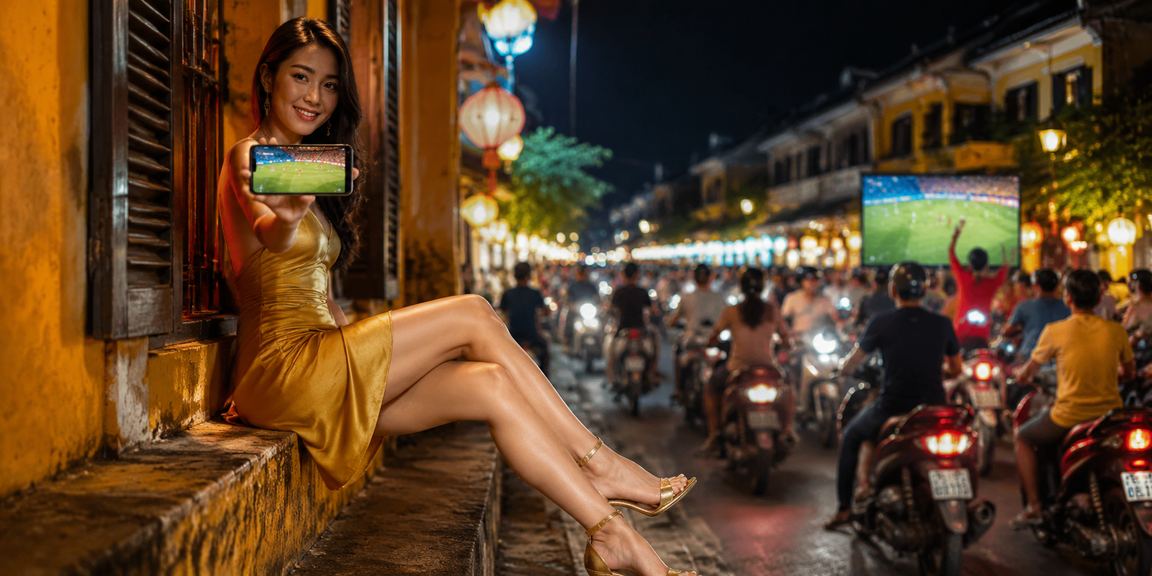 Người chơi cá cược thể thao trực tuyến tại Hội An với giao diện neon hiện đại