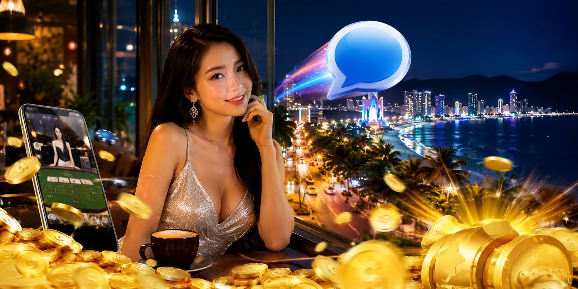 Khung cảnh Nha Trang với ly cà phê và giao diện cá cược trực tuyến